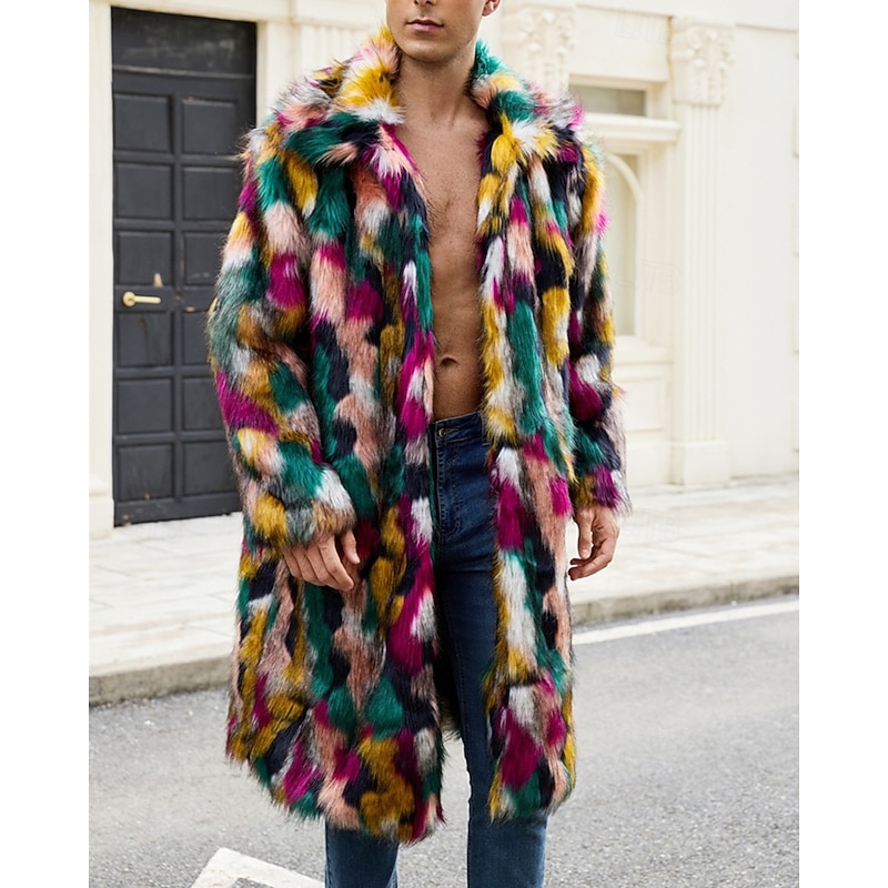 Men's Casual Jacket Faux Fur Coat Vacation Daily Thermal Warm Plush Fall Winter Rainbow Fashion Streetwear Lapel Long Rainbow Jacket4