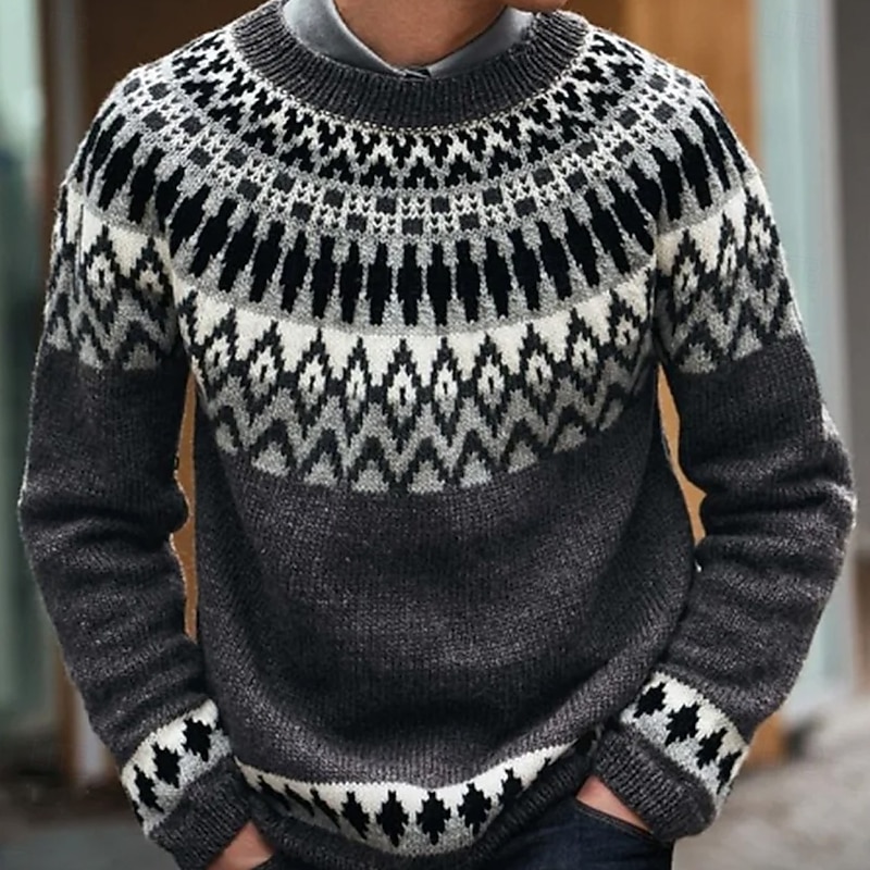 Men's Geometic Fair isle Sweater Pullover Sweater Jumper Knitwear Crewneck Casual Vacation Daily 3D Print Keep Warm Long Sleeve Spring Fall Winter Black Gray