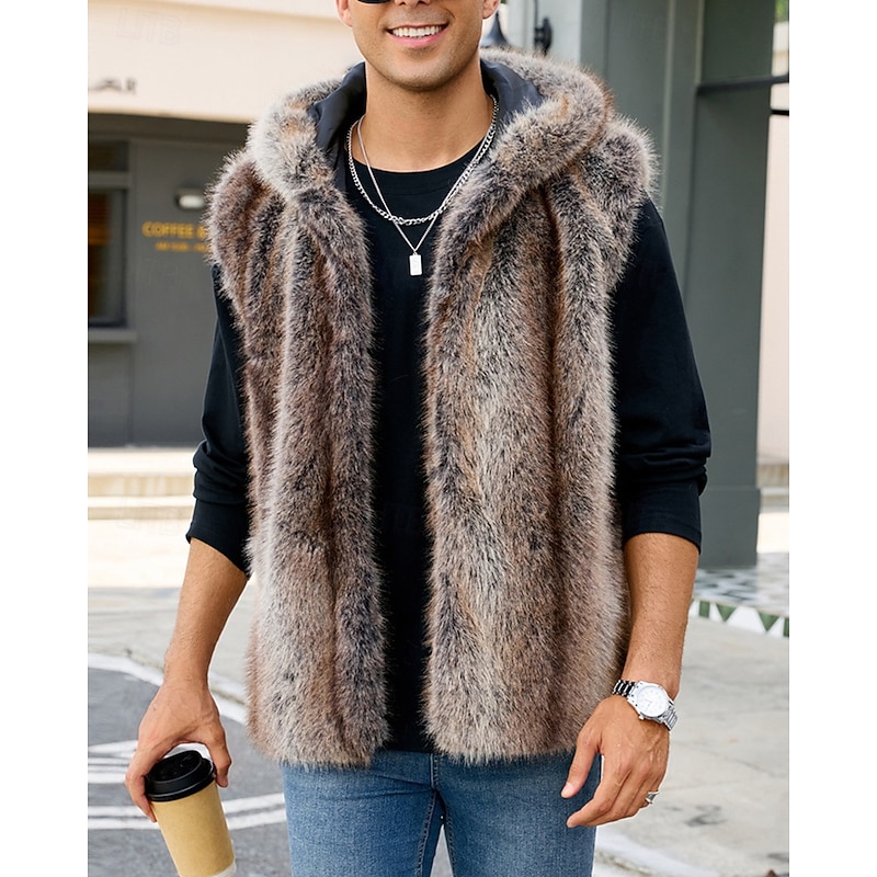 Men's Vest Faux Fur Gilet Outdoor Daily Fashion Casual Fall Winter Faux Fur Thermal Warm Comfortable Plain Hooded Regular Fit Brown Vest2