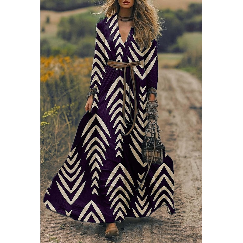 Women's Maxi Dress A Line Dress Pleated Dress Fit And Flare Dress Boho Date Going out Loose Fit Floral Graphic Long Sleeve V Neck Purple Brown Green Spring Fall Winter Autumn2