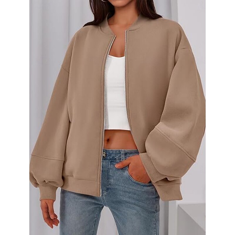 Women's Casual Jacket Comfortable Breathable Zipper Casual Plain Vacation Street Casual Daily Wear Zipper Regular Stand Collar Loose Fit Long Sleeve Outerwear Black White Red Spring Fall2