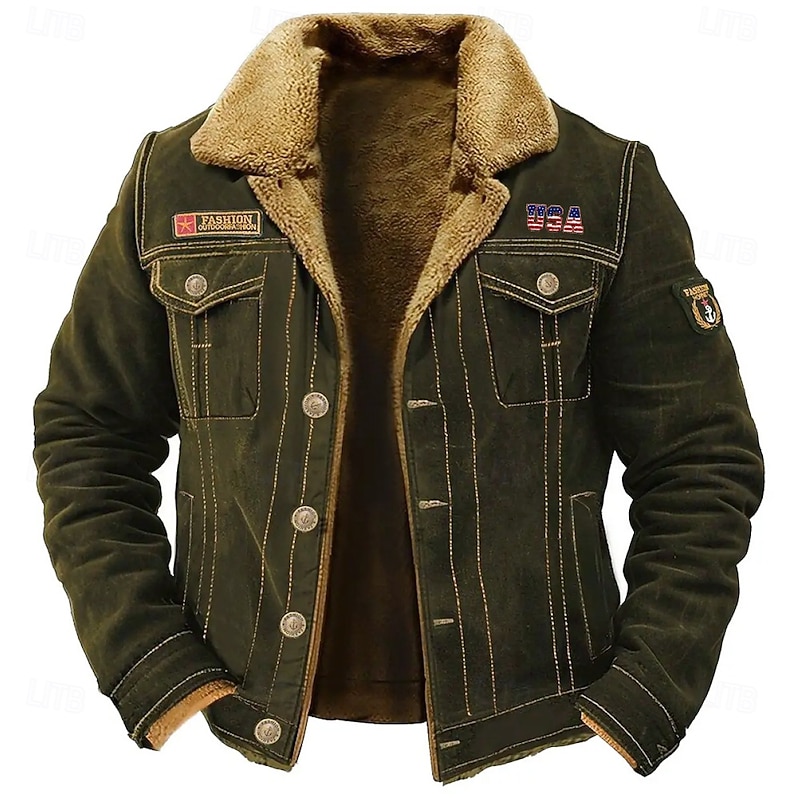 Men's USA Fleece Jacket Cargo Jacket Sherpa Jacket Tactical Thermal Warm Vintage Outdoor Home Embroidered Multiple Pockets Winter Coats Fall Winter Fleece Turn-Down Collar Long Sleeve Army Green Dark2