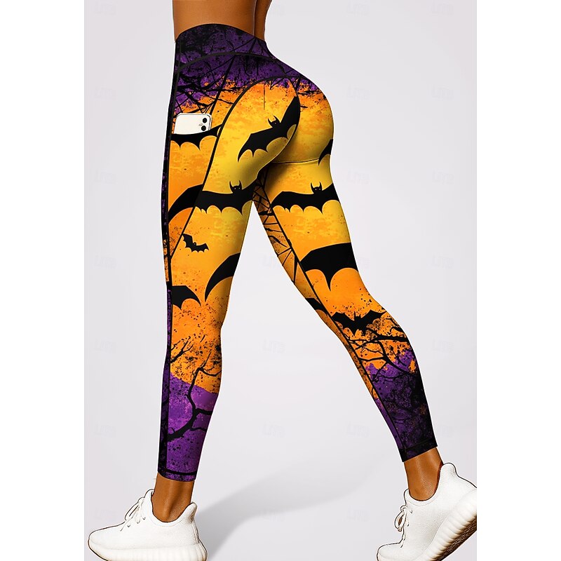 Women's Unisex pilates leggings fitness pants Gym Leggings Pockets Stamp Duty Side Pockets Pilates Gym Gym Workout Pants Tights Leggings Halloween Orange Sports Activewear Stretchy Tight Fit