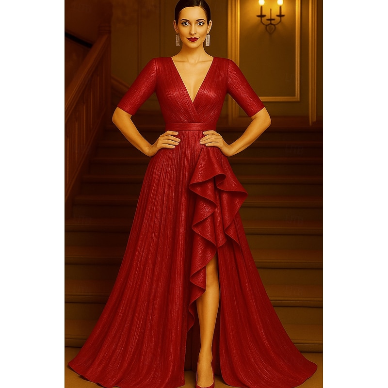 Red Black A-Line Evening Gown Elegant Formal Dress Formal Wedding Floor Length Half Sleeve V Neck Champagne Mother Of the Bride Dress Lurex Fabric with Glitter Ruffles 20254