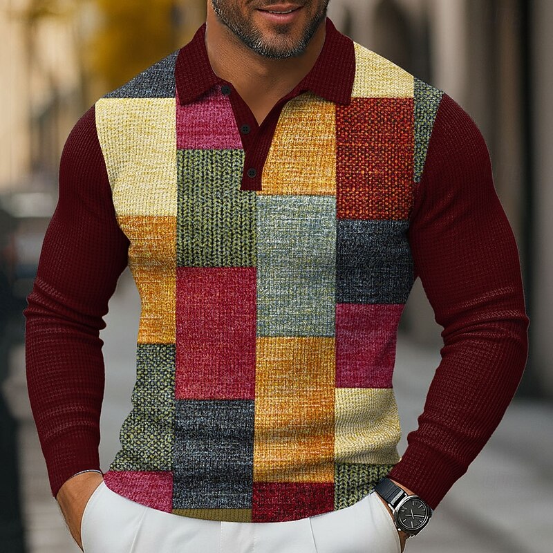 Men's Color Block Geometic Waffle Polo Shirts Long Sleeve Polo Shirts Collared Shirts Business Casual Business Wear to work Daily Wear 3D Print Buttons Spring Fall Winter Red 1 Red 4 Red 33