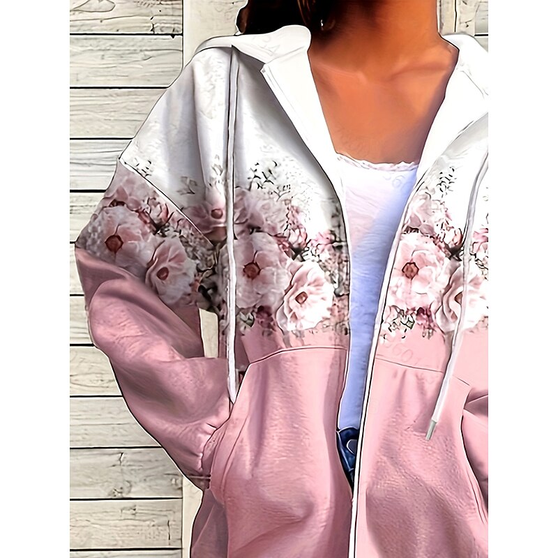 Women's Zip Up Hoodies Floral Graphic Fashion Casual Long Sleeve Hooded Regular Tops Street Dailywear Zipper Pocket Print Light Pink Light Purple Light Blue Spring Fall Winter3