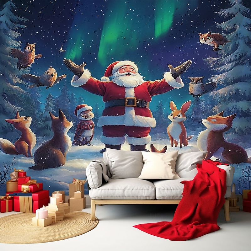 Chrismas Hanging Tapestry Santa Claus Reindeer Northern Lights Christmas Ornament Balls Large Wall Art Mural Decor Blanket Curtain Holiday Home Bedroom Living Room Festive Seasonal Party Decoration4