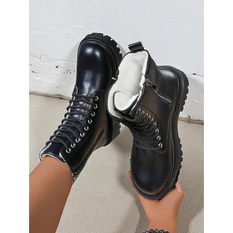 Women's Black Faux Leather Combat Boots with Faux Fur Lined, Lace-Up Ankle Boots for Streetwear and Casual Outfits2