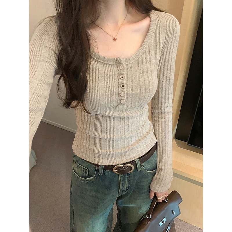 Women's Blouse Solid Color Stylish Casual Long Sleeve Scoop Neck Regular Tops Daily Buttons Navy Blue Dark Gray Gray Spring Fall Winter