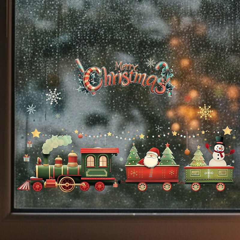 Christmas Sticker Wall Decals Cartoon Train Santa Claus Snowman Removable Vinyl Mural Holiday Party Living Room Bedroom Home Decoration Glass Window Background For Christmas Festival2