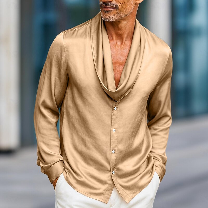 Men's Shirt Satin Shirt Dress Shirt Casual Shirt Button Up Shirt Prom Shirt Plain Formal Wedding Light Blue Royal Blue Gold Gray Long Sleeve Shawl All Seasons Clothing Apparel