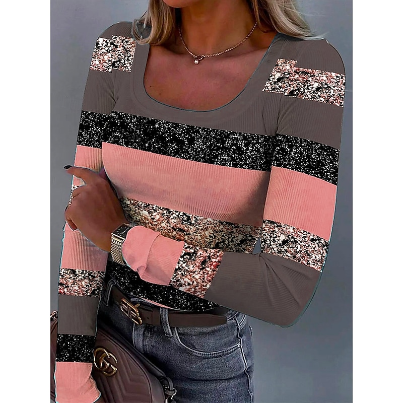 Women's Tunic Graphic Geometric Striped Vintage Fashion Stylish Long Sleeve Square Neck Regular Tops Daily Print Pink Blue Rose Pink Spring Fall Winter3