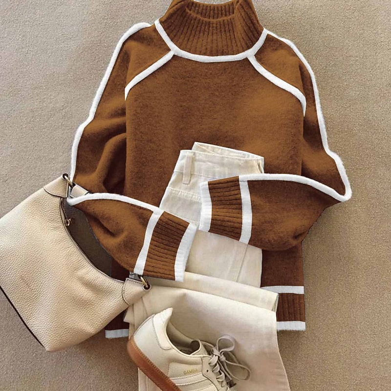 Women's Sweater Pullover Streetwear Casual Floral Turtleneck Patchwork Knitted Long Sleeve Regular Tops Knit Daily Holiday Going out Brown Fall Winter