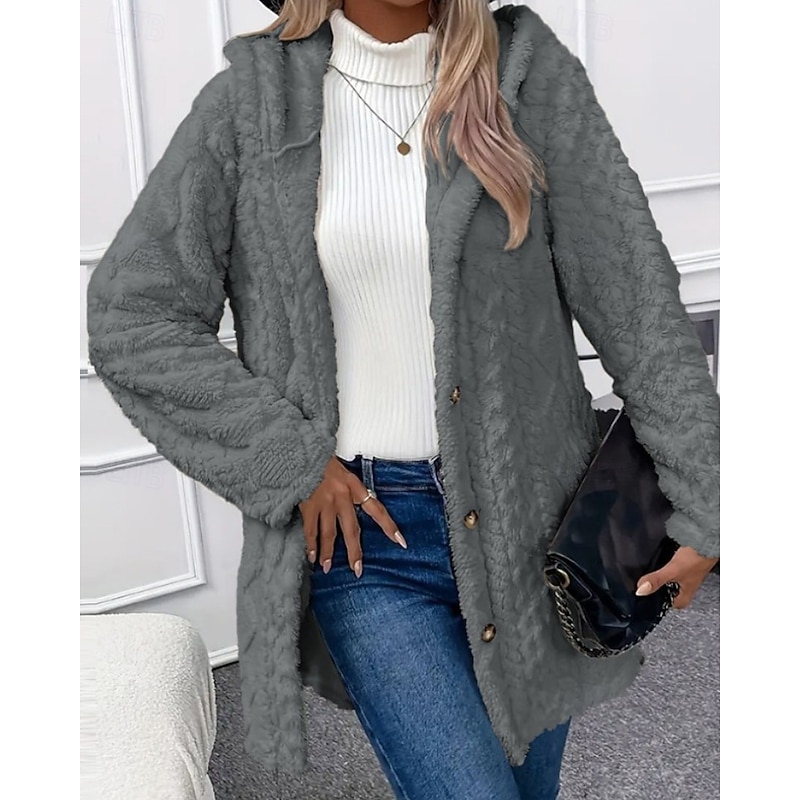 Women's Teddy Coat Hoodie Jacket Warm Comfortable Buttons Casual Plain Vacation Going out Weekend Regular Hoodie Regular Fit Long Sleeve Outerwear Black White Apricot Fall Winter3