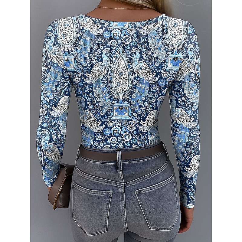 Women's Tunic Floral Graphic Bird Vintage Fashion Stylish Long Sleeve Square Neck Regular Tops Daily Print Blue Purple Orange Green Spring Fall2