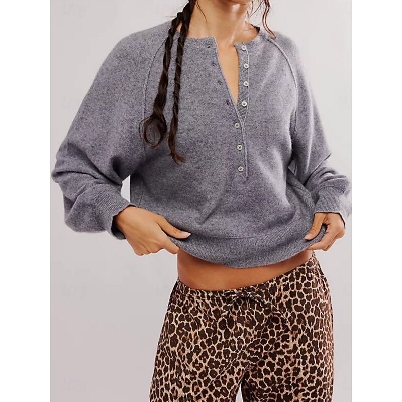 Women's Blouse Solid Color Stylish Casual Long Sleeve Crew Neck Regular Tops Daily Buttons Red Brown Gray Spring Fall Winter - Main Image