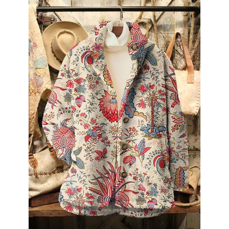 Women's Fleece Jacket Casual Jacket Comfortable Breathable Pocket Print Casual Floral Vacation Street Casual Daily Wear Zipper Regular Turndown Loose Fit Long Sleeve Outerwear Black Pink Blue Spring