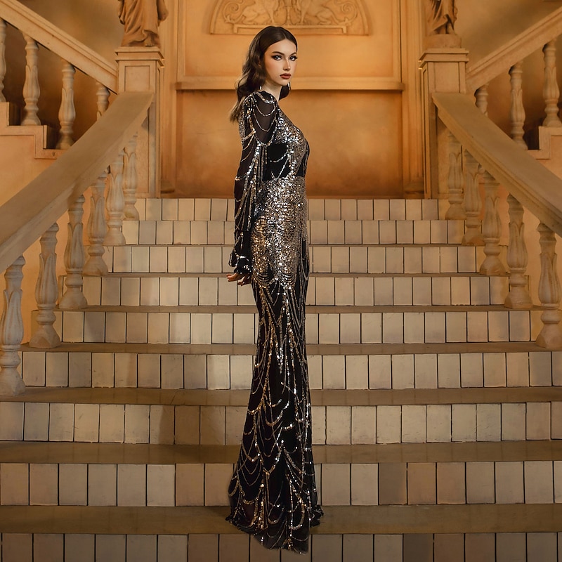 Mermaid / Trumpet Sheath / Column Evening Gown Elegant Formal Dress Formal Wedding Floor Length Long Sleeve Crew Neck Tulle with Ruched Sequin Slit 20252