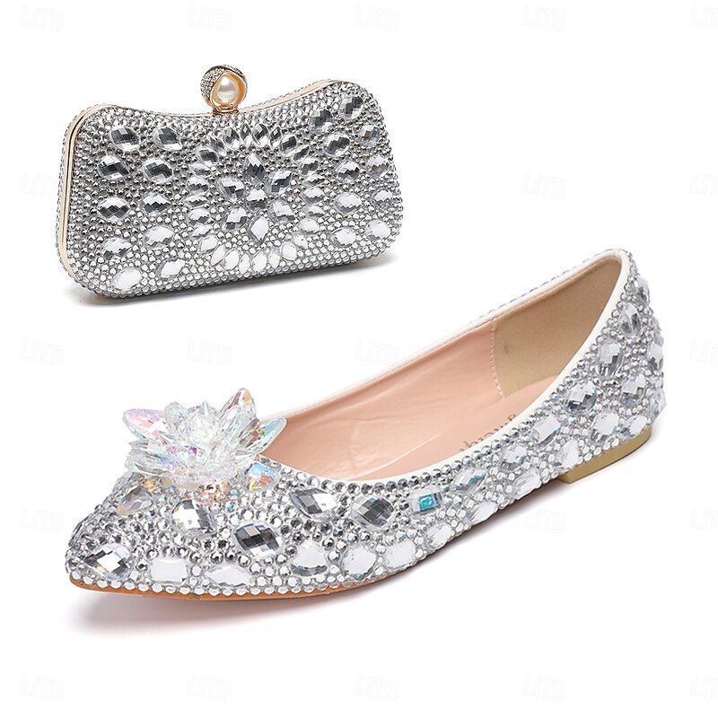 Women's Wedding Shoes Dress Shoes Glitter Crystal Sequined Jeweled Comfort Shoes Contrast Color Wedding Flats Bridal Shoes Bridesmaid Shoes Rhinestone Crystal Flower Flat Heel Pointed Toe Fashion2