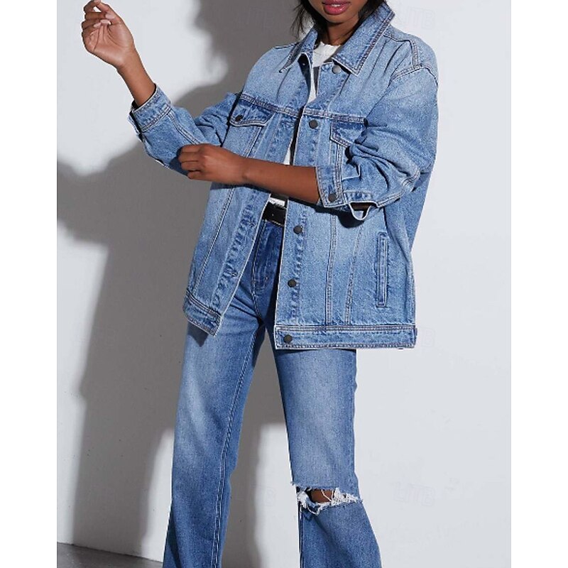 Women's Denim Jacket Comfortable Pocket Buttons Casual Plain Vacation Going out Weekend Regular Turndown Loose Fit Long Sleeve Outerwear Black Blue Spring Fall2