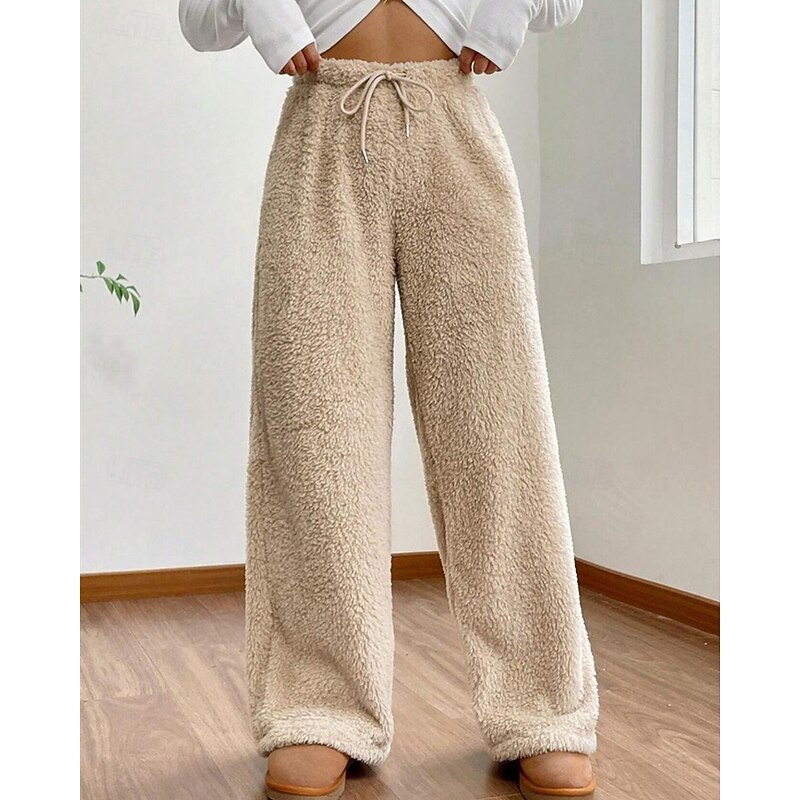 Women's Fleece Pants Wide Leg Pants Trousers Basic Casual Full Length Mid Waist Plain Elastic Waist Thermal Warm Micro-elastic Outdoor Street Camel Black Khaki Fall Winter Regular Fit