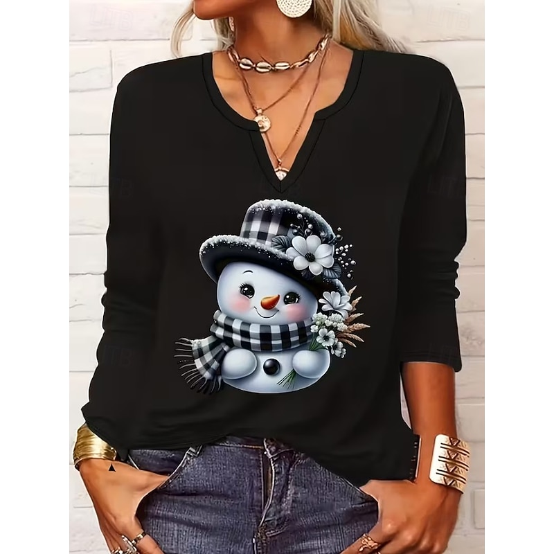 Christmas Women's T Shirt Graphic Snowman Vintage Stylish Classic Long Sleeve V Neck Notched Neck Regular Tops Daily Weekend Print Black Spring Fall Winter