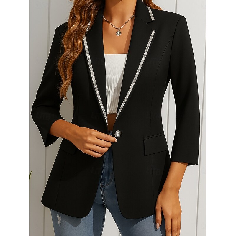 Women's Blazer Comfortable Breathable Pocket Casual Plain Office Street Casual Daily Wear Single Breasted Regular Turndown Regular Fit Long Sleeve Outerwear Black White Spring Fall4