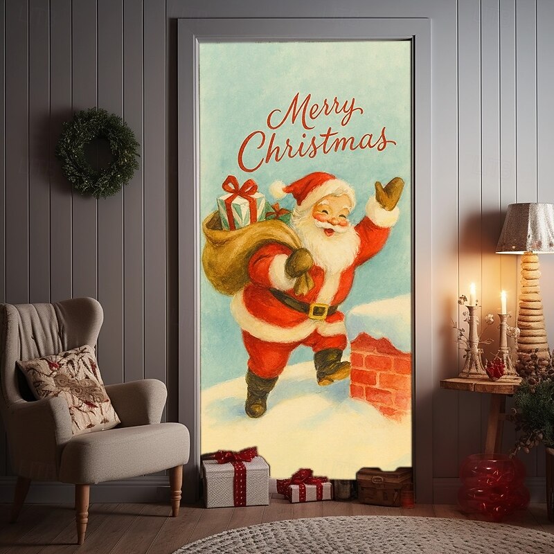 Christmas Door Cover, Vintage Santa Claus with Gift Bag Holiday Door Curtain, Classic 2025 Xmas Door Hanging for Party Porch Home Decoration3