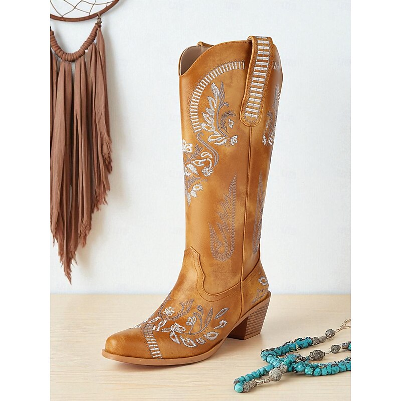 Women's Embroidered Cowboy Mid Calf Boots with Block Heel, Western Riding Style Boots for Parties and Festivals2