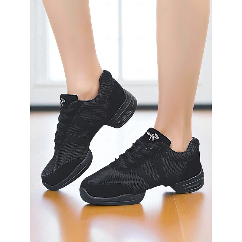 Women's Black Mesh Jazz Dance Sneakers - Lightweight Breathable Professional Practice Shoes for Latin, Hip Hop and Ballroom