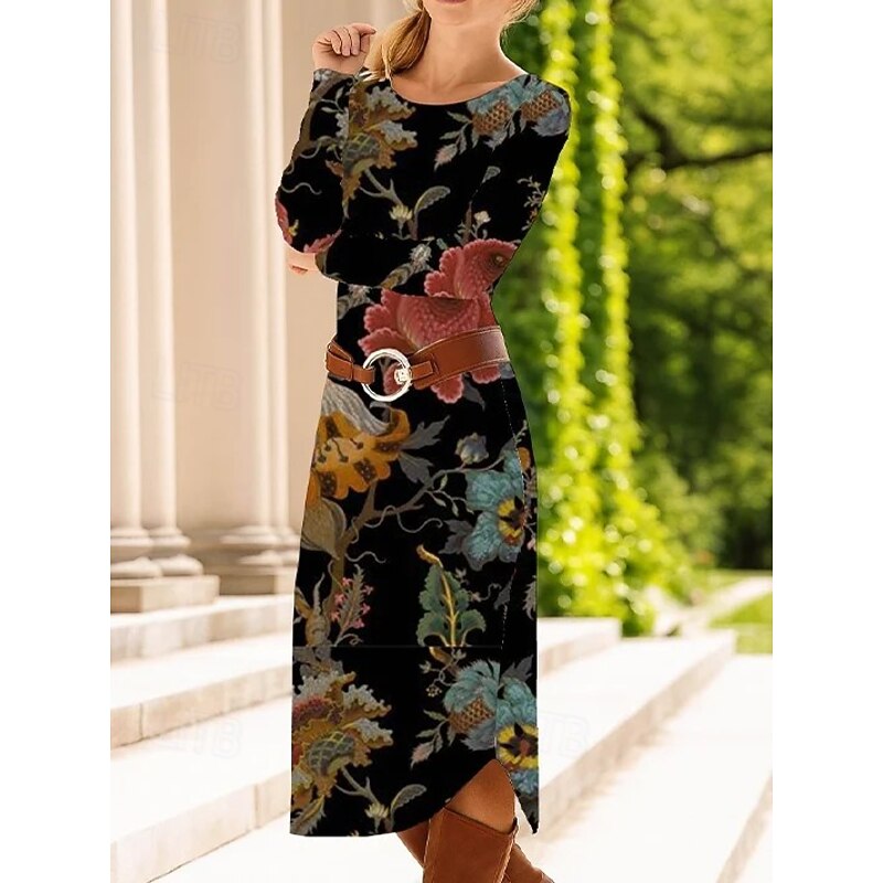 Women's Midi Dress Sheath Dress Shift Dress Casual Daily Regular Fit Floral Graphic Paisley Long Sleeve Crew Neck Black Spring Fall Winter Autumn2