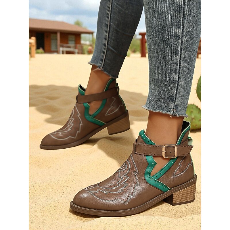Women's Brown Western Ankle Boots – Faux Leather Retro Cowboy Style Shoes for Fall Outfits and Festivals2