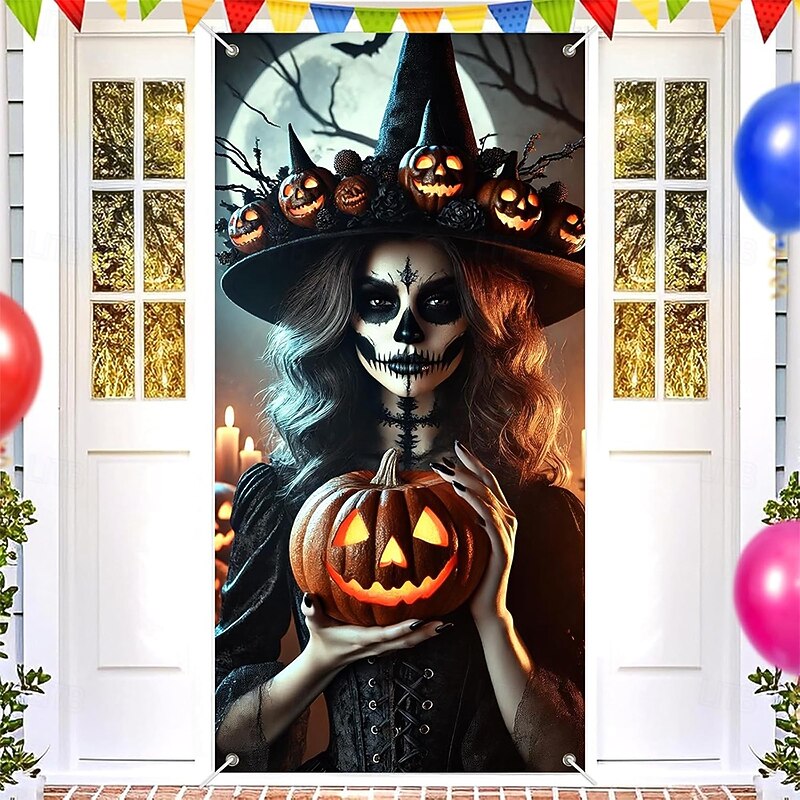 Halloween Door Cover Outdoor Banners Skeleton Mexico Dark Punk Gothic Style Party Outdoor Shooting Backgrounds Front Door Wall Porch Home Decor4
