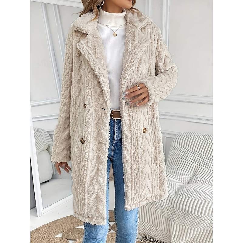 Women's Winter Coat Sherpa Jacket Comfortable Breathable Buttons Casual Plain Vacation Street Casual Daily Wear Single Breasted Long Turndown Regular Fit Long Sleeve Outerwear Beige Spring Fall3