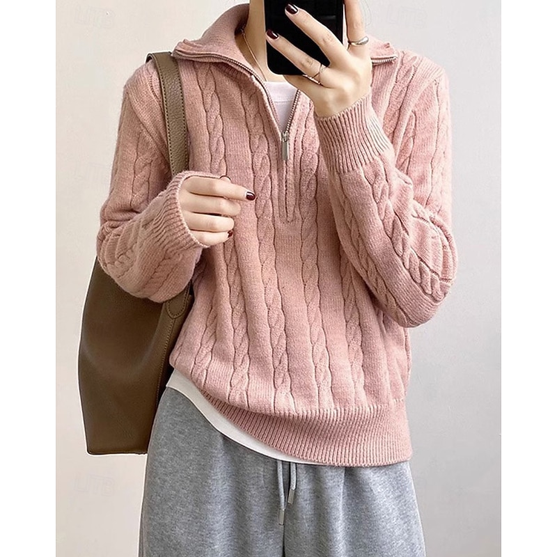 Women's Sweater Fashion Casual Solid Color Ribbed Half Zip Knitted Long Sleeve Regular Tops Knit Outdoor Daily Weekend Pink Fall Winter2