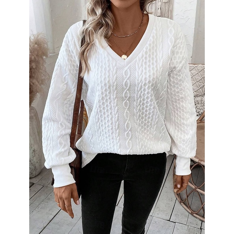 Women's Sweater Casual Soft Pure Color Ribbed V Neck Knitted Long Sleeve Regular Tops Knit Outdoor Daily Weekend White Fall Winter2