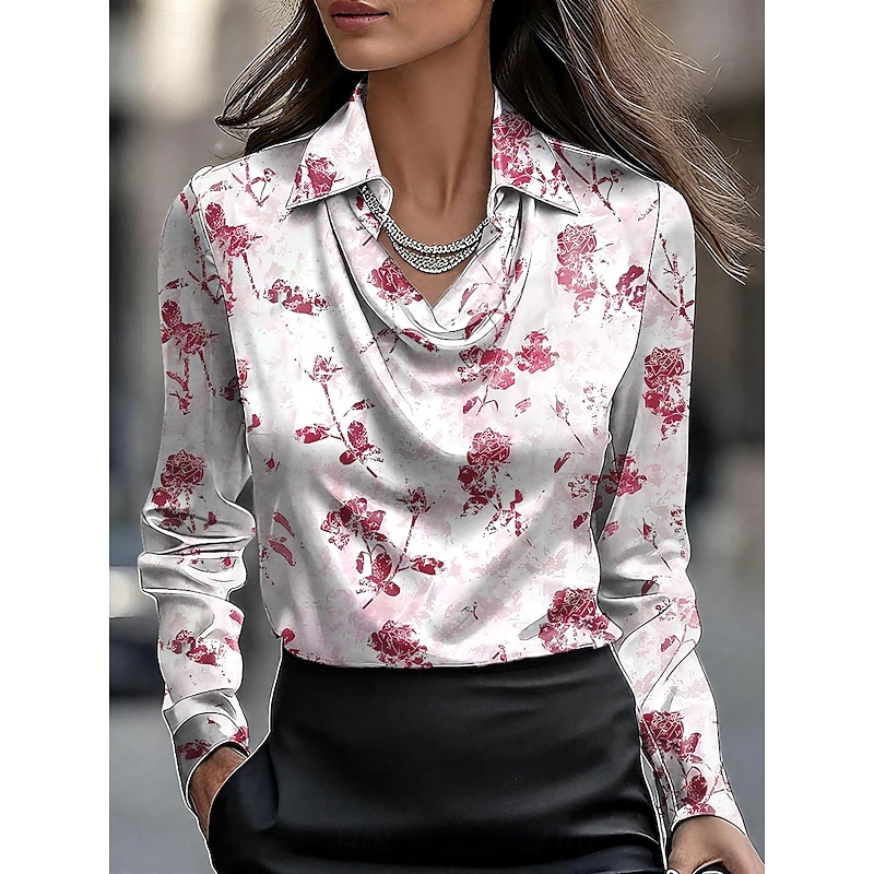 Women's Blouse Ombre Floral Graphic Elegant Stylish Basic Long Sleeve Cowl Neck Regular Tops Work Daily Ruched Draped Red Blue Purple Green Summer Spring Fall4