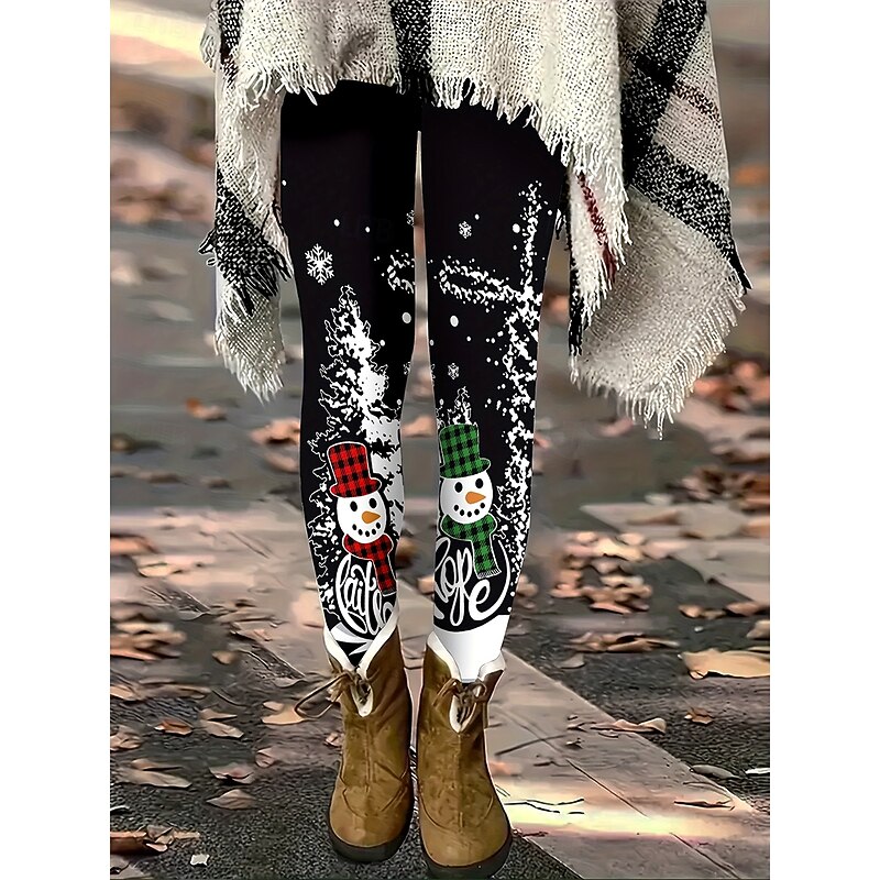 Women's Leggings Vacation Vintage Fashion Full Length High WaistPantsUgly Christmas Graphic Snowman Christmas Printing Soft Breathable High Elasticity Vacation Street Causal Black Fall Winter Slim Fit