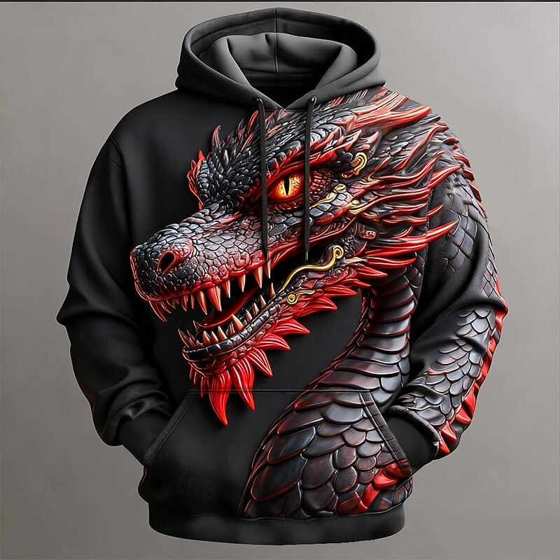 Men's Dragon 3D Print Hoodie Sweatshirt Cool Party Crew Neck Club Streetwear Black 1 Black Drawstring Fall Winter Designer2