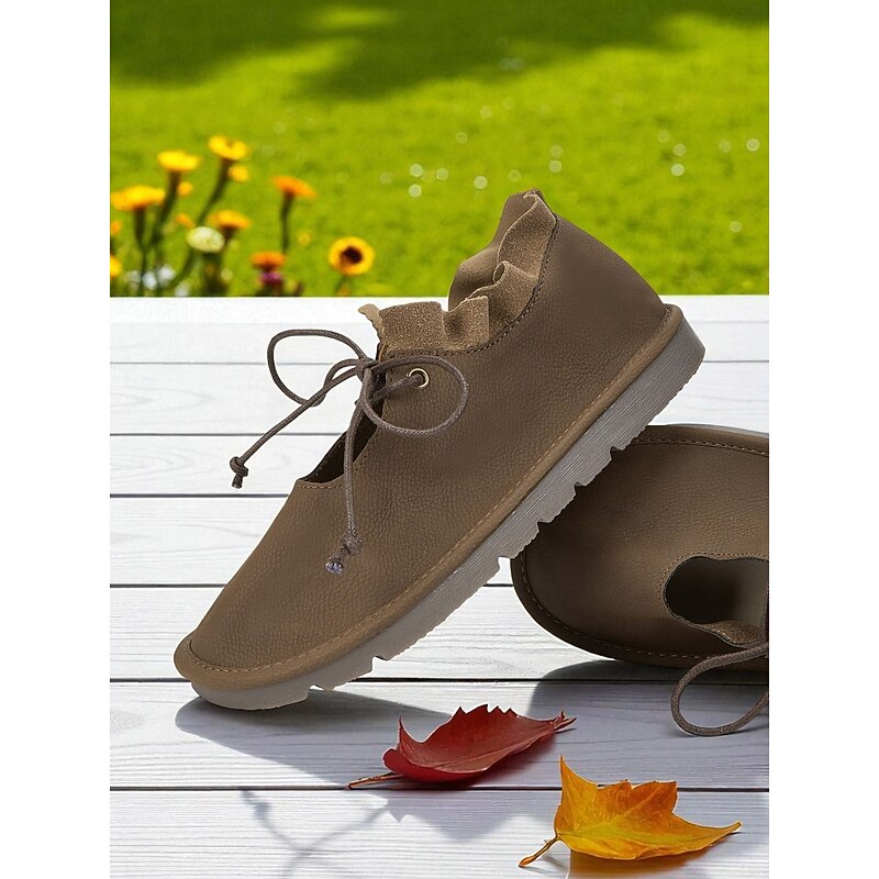 Women's Wide Width Khaki Lace-Up Flats with Ruffle Design – Comfortable Casual Shoes for Daily Wear3