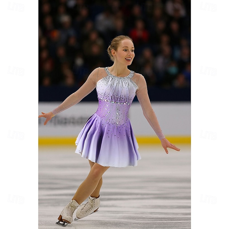 Figure Skating Dress Women's Girls' Ice Skating Dress Light Purple Patchwork Asymmetric Hem Mesh Spandex High Elasticity Training Competition Skating Wear Classic Crystal / Rhinestone Long Sleeve Ice3