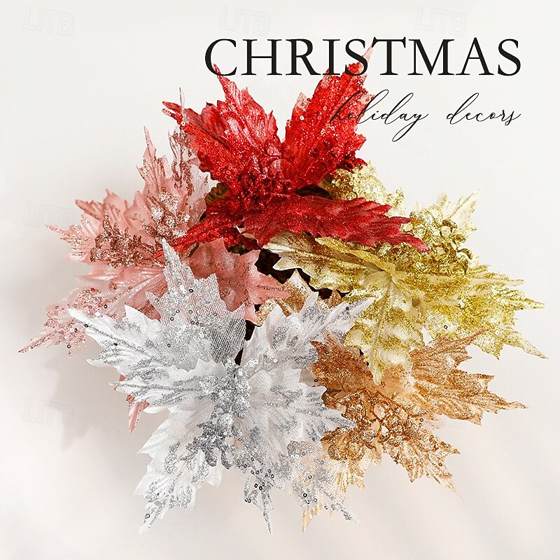 3 Pack Christmas Artificial Poinsettia Flowers, Holiday-Themed Poinsettia and Maple Leaf Decorations, Xmas Tree Ornaments, Festive Home Decor, Seasonal Holiday Display Accessories3