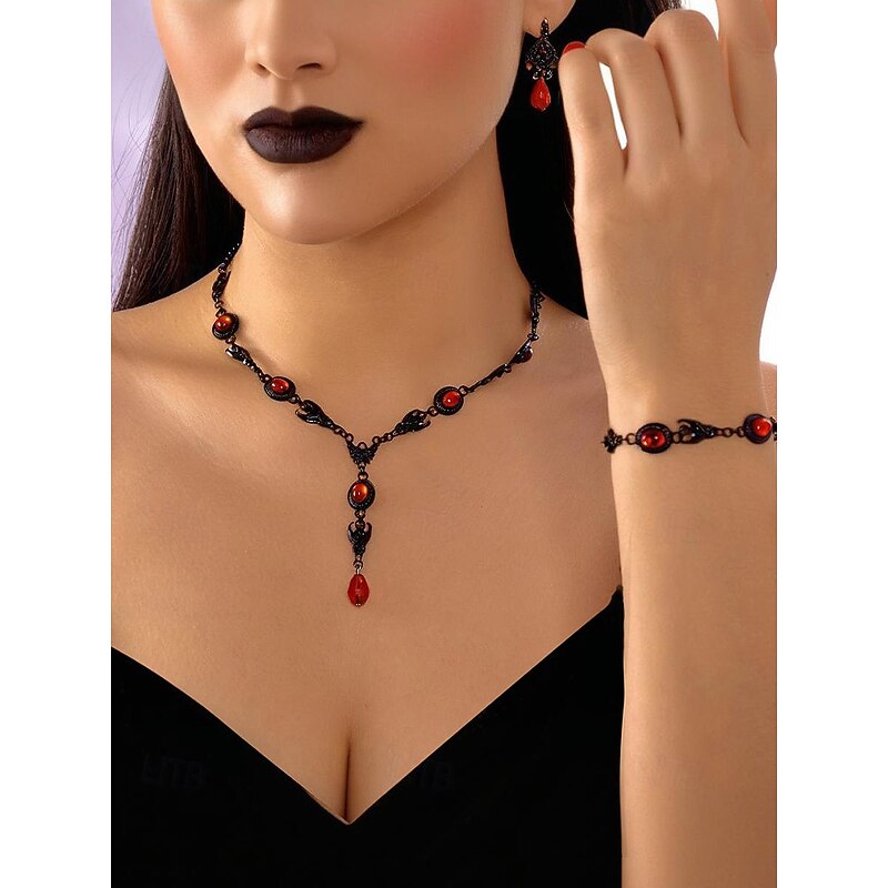 Women's Halloween Gothic Jewelry Set – Vintage Black and Red Necklace and Bracelet Costume Accessories for Parties, Cosplay and Night Events
