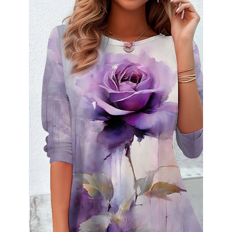 Women's T Shirt Ombre Floral Graphic Vintage Stylish Classic Long Sleeve Crew Neck Round Neck Regular Tops Daily Print Purple Spring Fall Winter2