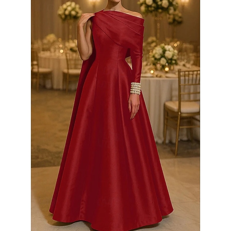 Red Formal Cape Dress Ball Gown Elegant Dress Formal Wedding Floor Length Long Sleeve Off Shoulder Stretch Satin with Pleats Pearls 2025