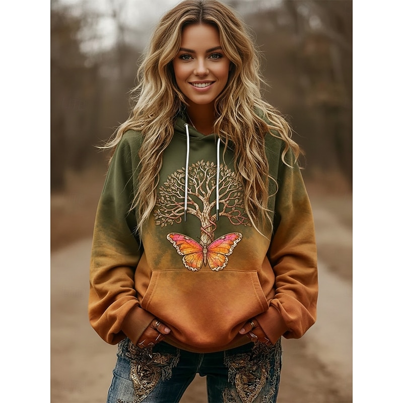 Women's Pullover Hoodies Graphic Vintage Streetwear Casual Long Sleeve Hooded Regular Tops Dailywear Casual Sports Drawstring Pocket Print Green Spring Fall3