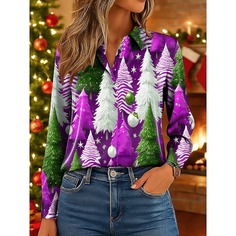 Christmas Women's Work Shirt Graphic Christmas Tree Elegant Vintage Tropical Long Sleeve Shirt Collar Regular Tops Work Party Evening Wear Daily Red Blue Purple Green Fall Winter Spring, Fall2