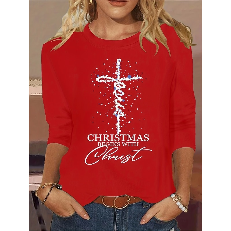 Christmas Women's T Shirt Graphic Letter Snowflake Vintage Fashion Stylish Long Sleeve Crew Neck Regular Tops Daily Weekend Print Black Yellow Red Green Gray Spring Fall Winter
