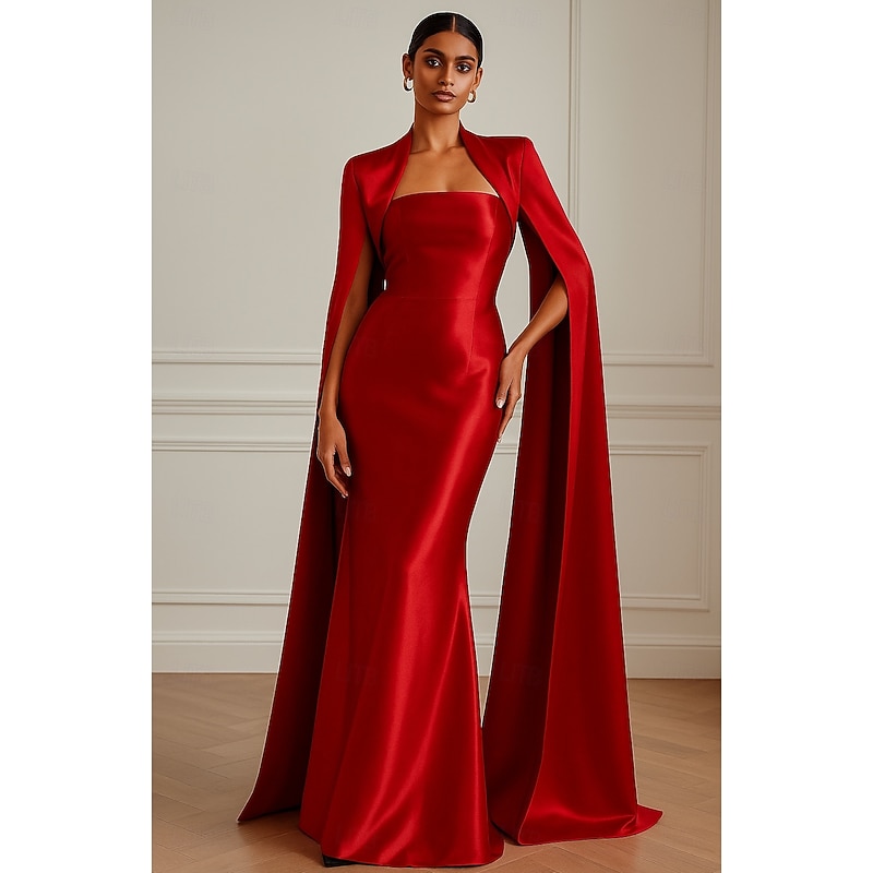 Red Black Sheath / Column Evening Gown Elegant Formal Dress Formal Wedding Floor Length Long Sleeve Square Neck Pocket Satin with Bow(s) 2025