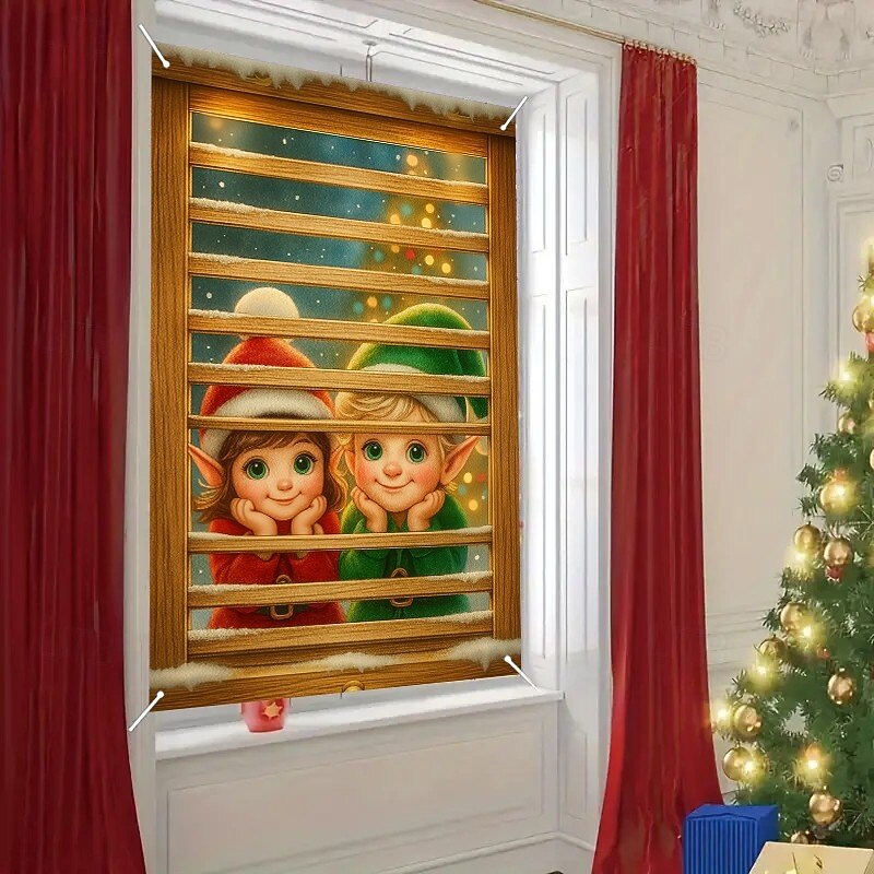 Christmas Children by Window Curtain, 2025 Xmas Festive Winter Window Curtain Door Cover, Holiday Home Decoration for Party, Living Room, Front Door4